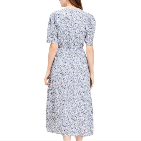 Loft Floral Blue White Midi Jungle Jacquard‎ Wrap Midi Dress Size 6 Small New - Picture 5 of 11